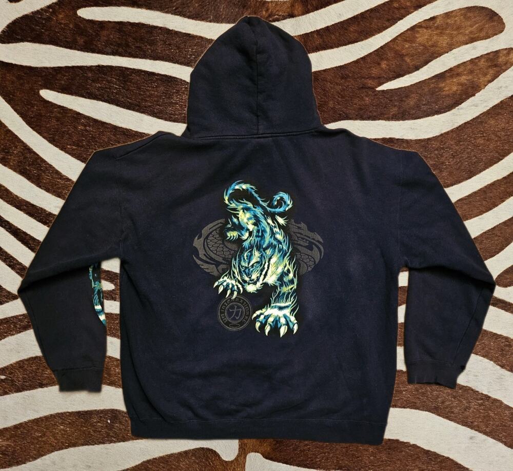 Vintage Y2K Top Heavy Tiger Hoodie XL Blue Skater Surf Pullover Thrashed